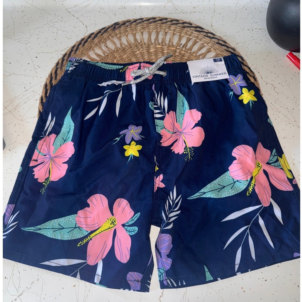 Vintage Summer Boys Navy Blue Tropical Hibiscus Floral Swim Trunks Size 10 NWT